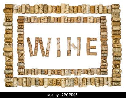Sibiu city, Romania - April 06, 2020. Cork frame concept made from Old Used corks plugs from different wine producing countries with inscription made Stock Photo