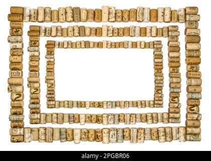 Sibiu city, Romania - April 06, 2020. Cork frame concept made from Old Used corks plugs from different wine producing countries with copy space in the Stock Photo
