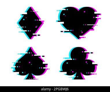 Casino poker card glitch suits, vector gambling game. Black heart, spade, club and diamond suits of blackjack or poker playing cards deck with glitch Stock Vector