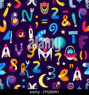 Kids space cartoon letters and numbers seamless pattern. Vector background with creative font in cosmic style. Alphabet cosmic signs and digits. ornam Stock Vector