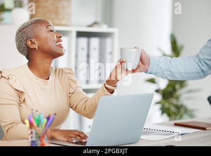 Coffee, laptop and thank you with a designer black woman at work in her office on a creative project. Computer, drink and gratitude with a happy Stock Photo