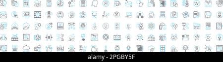multimedia services vector line icons set. Multimedia, Services, Audio, Video, Animation, Messaging, Streaming illustration outline concept symbols Stock Vector