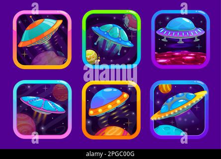 Cartoon space game app icons with UFO spaceships, mobile application vector badges. Galaxy and alien fantasy arcade gaming app icons or application UI Stock Vector