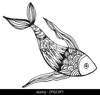 fish graphics doodle, hand draw sketch, black and white illustration, line art Stock Photo