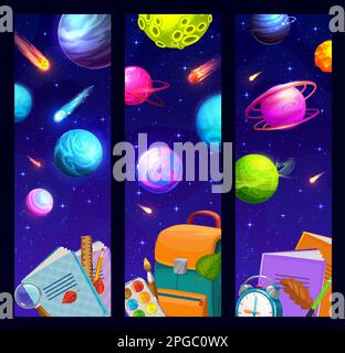 School banners with space landscape, planets and comets, vector education background. Back to school students books and backpack on fantasy galaxy and Stock Vector