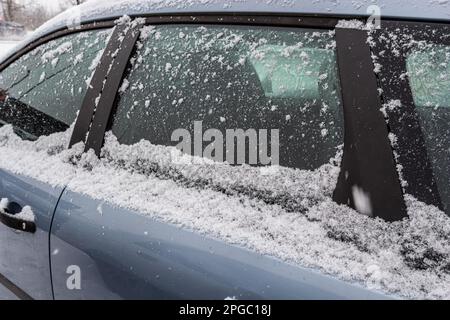 Cars Covered With A Snow In A Row After Snowfall Detailed Stock Photo. Stock Photo