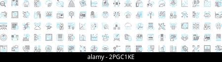 Data analysis vector line icons set. Analytics, Mining, Exploration, Modeling, Visualization, Inference, Statistics illustration outline concept Stock Vector