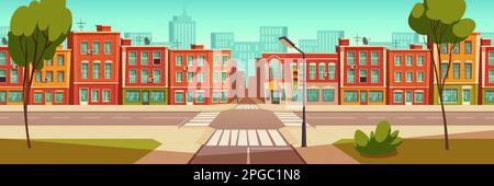 Urban street landscape with crossroad and traffic light, buildings with small shops, cafes and restaurants cartoon vector background, town poster with empty street space Stock Vector