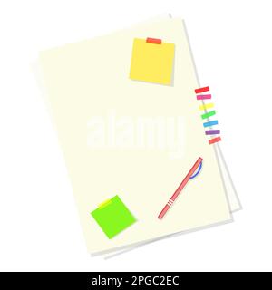 Sheets of white paper, colorful sticky notes and pen. Vector illustration flat. Stock Vector