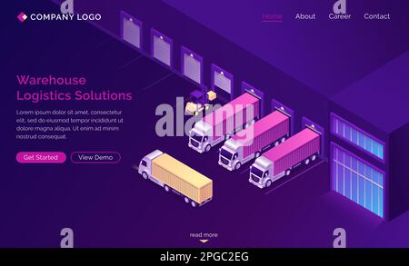 Warehouse logistics solutions isometric landing page, truck delivery service, transportation process, global shipping distribution, goods export import over the world 3d vector illustration web banner Stock Vector