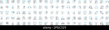 Mental health vector line icons set. Mental, health, psychological, wellbeing, stress, anxiety, depression illustration outline concept symbols and Stock Vector