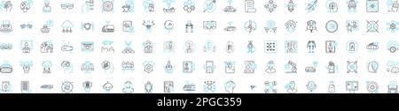 Future technologies vector line icons set. AI, Robotics, BigData, Blockchain, Cybersecurity, Quantum, Augmented illustration outline concept symbols Stock Vector