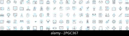 Digital science vector line icons set. Digital, Science, Technology, Data, Network, Modeling, Algorithms illustration outline concept symbols and Stock Vector