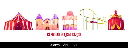 Carnival funfair with circus tent, roller coaster, castle and candy cotton cart. Vector cartoon set of attractions in summer amusement park isolated on white background Stock Vector