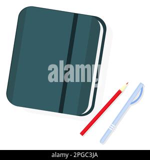 Blue notepad with pencil and pen. Vector illustration flat. Stock Vector
