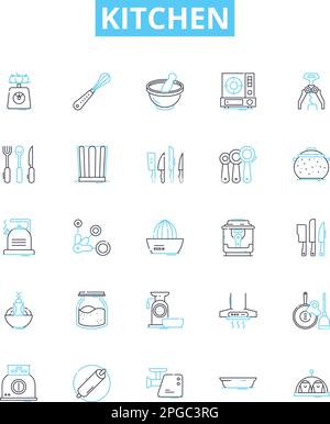 Kitchen vector line icons set. Kitchen, Room, Home, Cooking, Remodel, Appliance, Design illustration outline concept symbols and signs Stock Vector