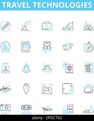 Travel technologies vector line icons set. Mobile, Apps, AI, Voice, Augmented, Reality, Tracking illustration outline concept symbols and signs Stock Vector