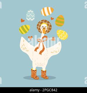 cute goose in boots and hat juggling easter eggs Stock Vector