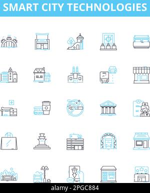 Smart city technologies vector line icons set. Smart, City, Technologies, IoT, Big, Data, AI illustration outline concept symbols and signs Stock Vector