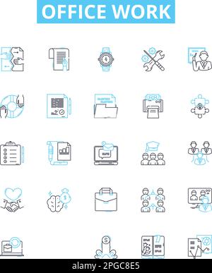Office work vector line icons set. Office, Work, Documents, Communication, Meetings, Technology, Analysis illustration outline concept symbols and Stock Vector