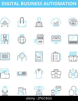 Digital business autiomation vector line icons set. Digital, Business, Automation, Artificial intelligence, Machine learning, Robotic process Stock Vector