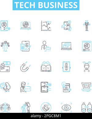 Tech business vector line icons set. Tech, Business, Software, Applications, Solutions, Cloud, Networking illustration outline concept symbols and Stock Vector
