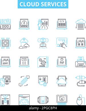 Cloud services vector line icons set. Cloud, Services, Computing, Hosting, Storage, Security, Virtualization illustration outline concept symbols and Stock Vector