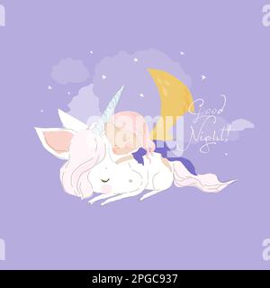 Cute Little Girl sleeps on Back of Unicorn Stock Vector