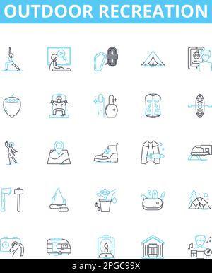 Outdoor recreation vector line icons set. Hiking, Camping, Swimming, Kayaking, Fishing, Climbing, Sailing illustration outline concept symbols and Stock Vector