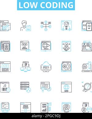 Low coding vector line icons set. No-code, Visual, Declarative, Automation, Platform, Application, Mobile illustration outline concept symbols and Stock Vector