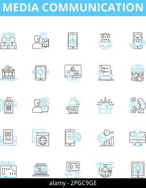 Media communication vector line icons set. Media, Communication, Broadcasting, Journalism, Reportage, Production, Advertising illustration outline Stock Vector