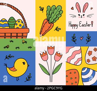 Easter card vector illustration. Cute Easter doodles with eggs, bunny, bird, spring flowers and carrots. Holiday icons, covers, posters, banners, greeting card. Stock Vector