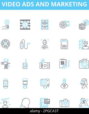 Video ads and marketing vector line icons set. Video, Ads, Marketing, Advertising, Promotions, Campaigns, YouTube illustration outline concept symbols Stock Vector