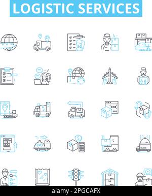 Logistic services vector line icons set. Logistics, Services, Delivery, Shipping, Freight, Management, Supply illustration outline concept symbols and Stock Vector