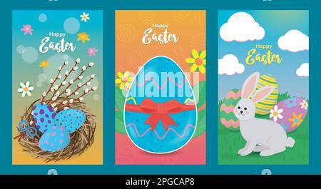 set of three banners for easter day with elements of eggs, rabbit, nest, flowers and willow branches Stock Vector
