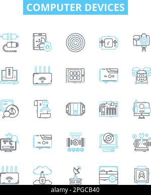 Computer devices vector line icons set. Laptop, Desktop, Monitor, Printer, Keyboard, Mouse, Scanner illustration outline concept symbols and signs Stock Vector