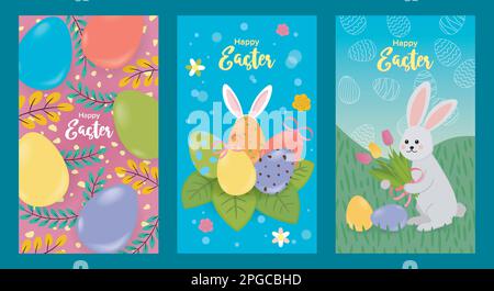 set of three banners for easter day with elements of painted eggs, branches, and rabbit holding flowers in his hands Stock Vector
