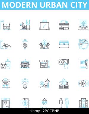 Modern urban city vector line icons set. Urban, Modern, City, Skyscrapers, Metropolis, Subway, Crowds illustration outline concept symbols and signs Stock Vector