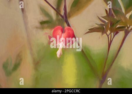 Digital painting of a beautiful sunlit single isolated red and white bleeding heart in flower in a natural environment. Stock Photo