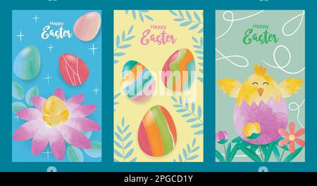 set of three banners for easter day with watercolor elements of eggs, flowers, branches and chick Stock Vector