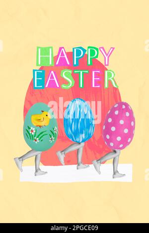Template banner collage of three headless people walking drawing colored eggs happy easter collection decorations isolated on yellow background Stock Photo