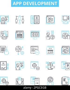 App development vector line icons set. app, development, design, mobile, software, coding, development illustration outline concept symbols and signs Stock Vector