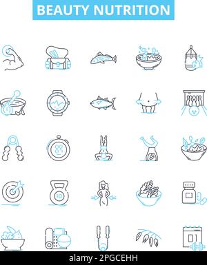 Beauty nutrition vector line icons set. Diet, Nutrition, Beauty, Health, Vitamins, Minerals, Protein illustration outline concept symbols and signs Stock Vector