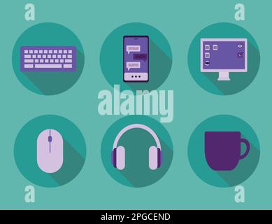 Home workplace flat icon set in purple and blue colors. Business and freelance attributes. Vector illustration Stock Vector