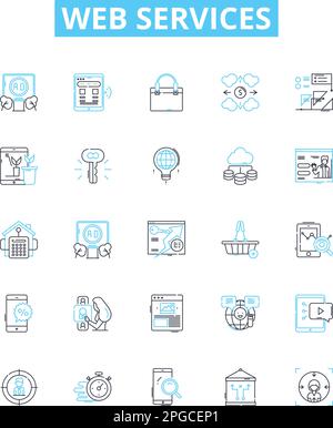 Web services vector line icons set. Web, services, API, REST, SOAP, applications, XML illustration outline concept symbols and signs Stock Vector