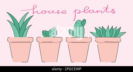 Various house plants in the pots. Green house flowers with handwriting on light pink background. Simple line style Stock Vector