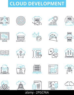 Cloud development vector line icons set. Cloud, Development, Platform, Architecture, Deployment, Management, Infrastructure illustration outline Stock Vector