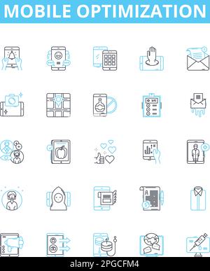 Mobile optimization vector line icons set. Mobile, optimization, responsiveness, design, webpage, app, user illustration outline concept symbols and Stock Vector