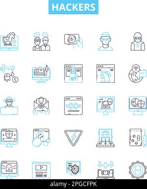 Hackers vector line icons set. hacking, cracker, malware, virus, exploit, phishing, cryptovirus illustration outline concept symbols and signs Stock Vector