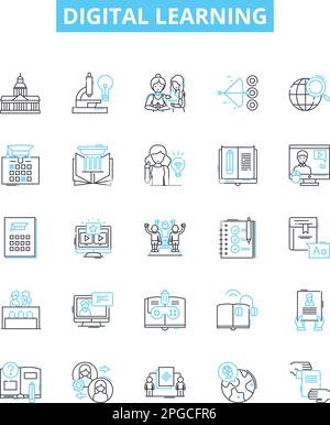 Digital learning vector line icons set. Digital, Learning, eLearning, Online, Technology, Course, Online-Learning illustration outline concept symbols Stock Vector